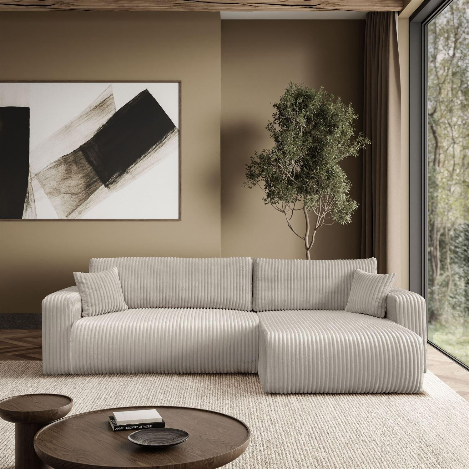 Ecksofa PRESTIGE SOFT mit Schlaffunktion und Bettkasten, Tilia 01 - Creme, Textil (277/143cm) - Lookway