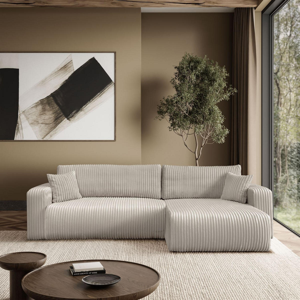 Ecksofa PRESTIGE SOFT mit Schlaffunktion und Bettkasten, Tilia 01 - Creme, Textil (277/143cm) - Lookway