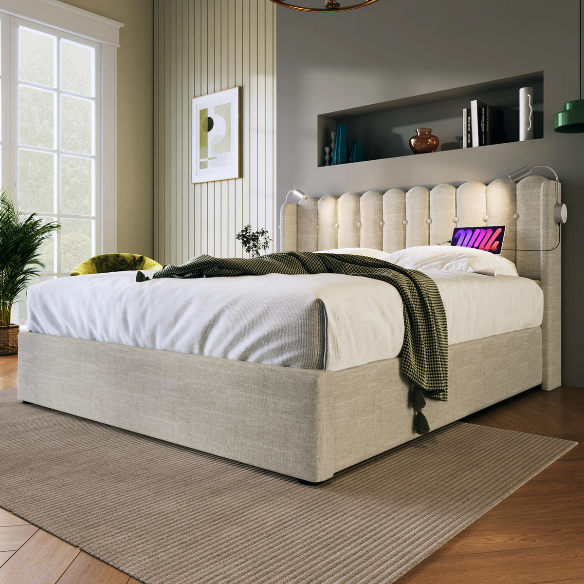 POLSTERBETT mit Bettkasten 140x200 cm Leinen Beige USB & Leselicht - Beige, Metall (140/200cm) - Meubliv