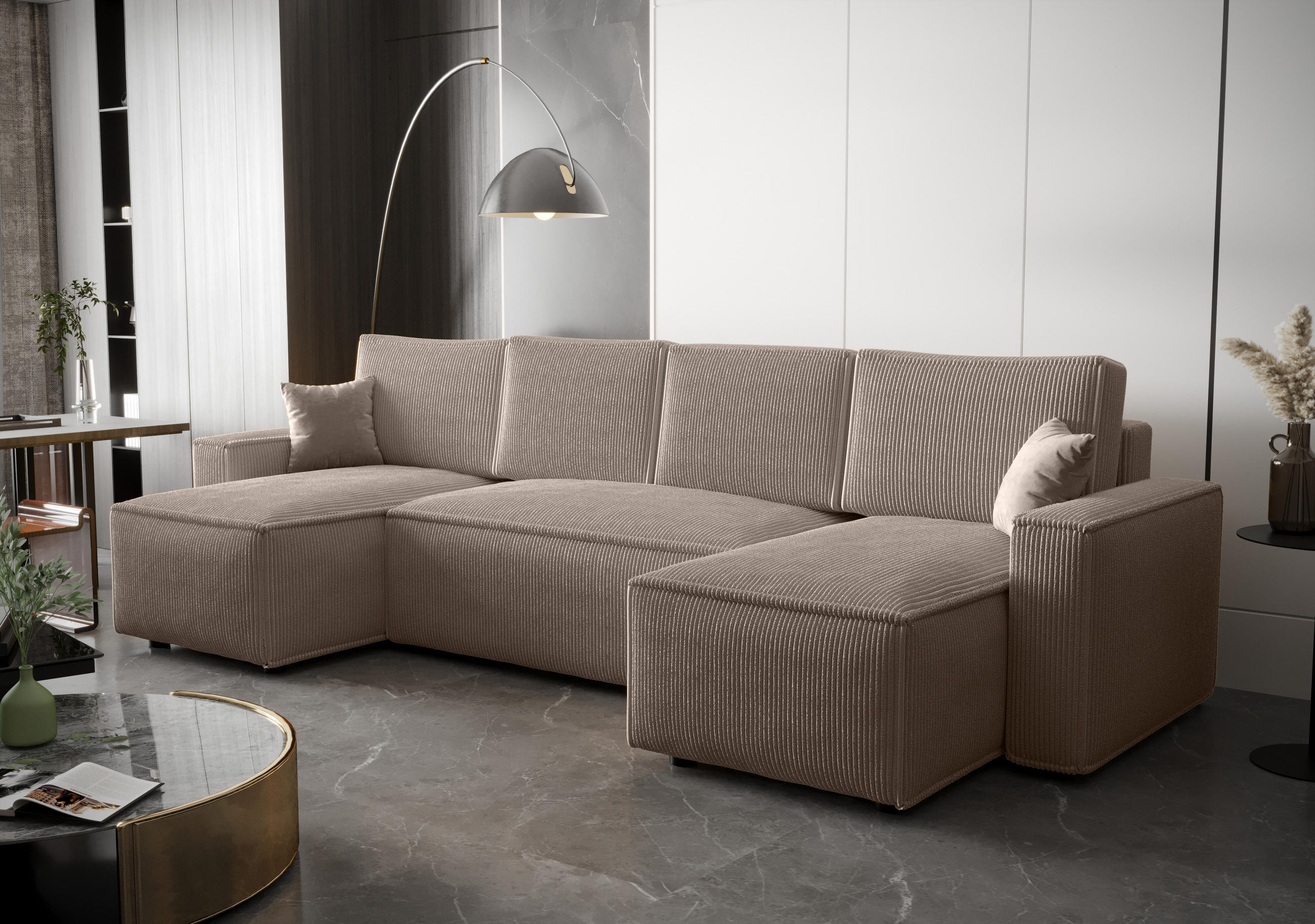 WOHNLANDSCHAFT U AMBRO Poso 02 mit Schlaffunktion U-Form, Sofa mit Stauraum - Beige, Textil (300/85/143cm) - Bedante
