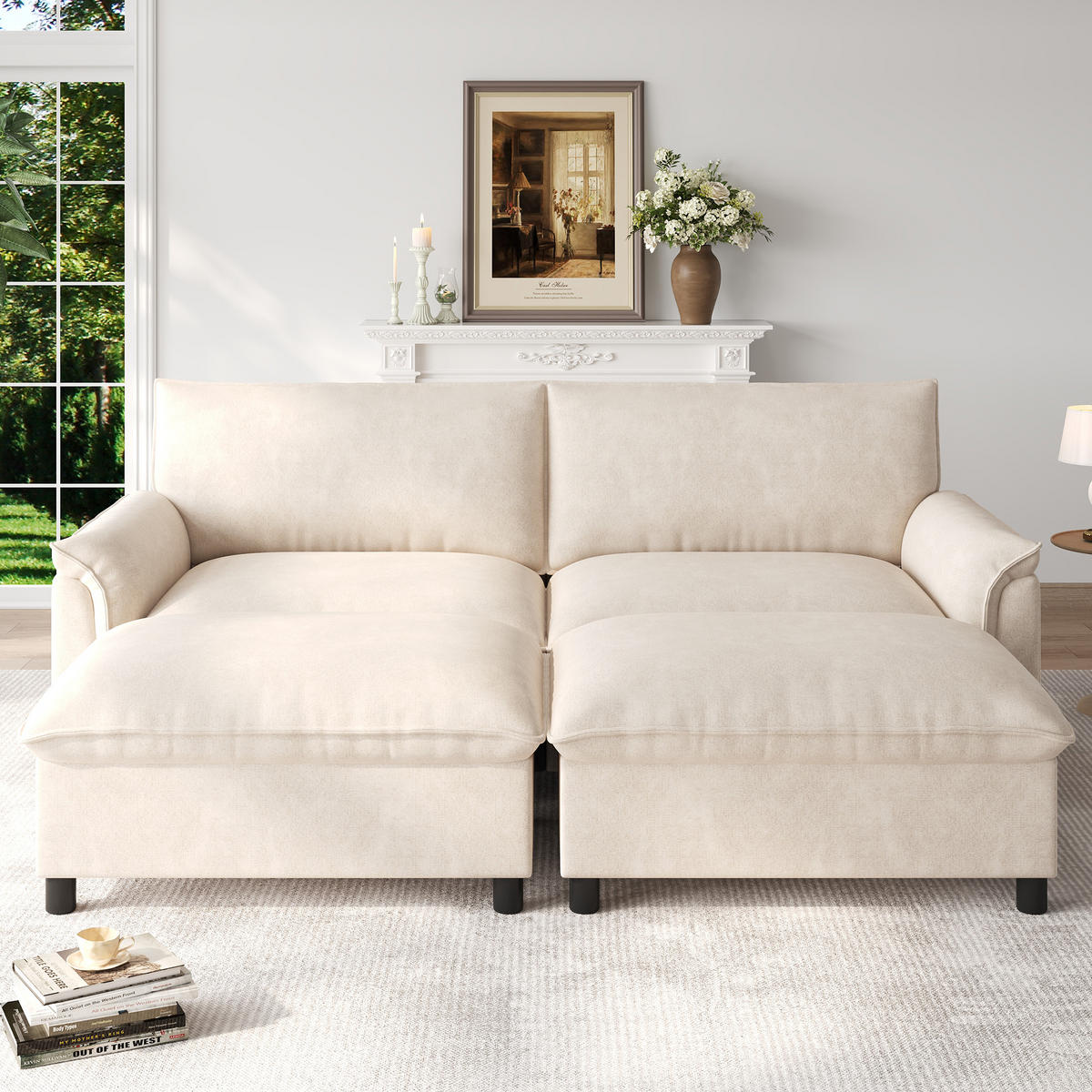SOFA Beige U-Form Cloud Modular 2 Hocker Deep Seat 216cm - Beige, Textil (77/82/216cm) - FLIEKS