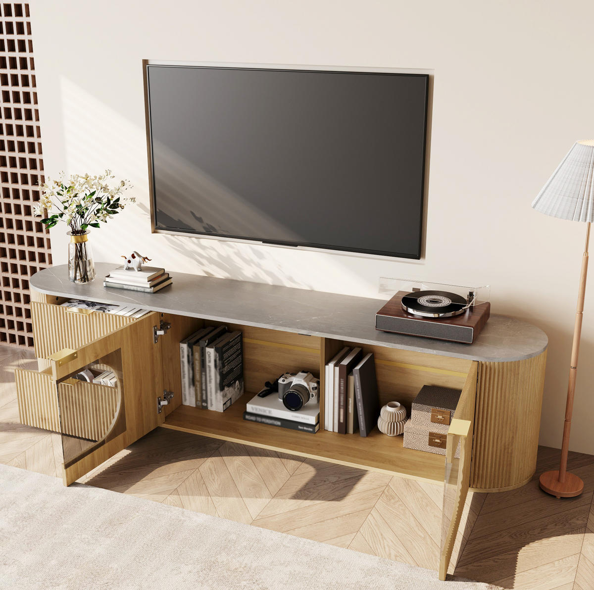 TV stolek 172/38/45,5 cm s vertikální 3D strukturou, oválnou vitrínou a vícezónovým úložným prostorem, Natural - světle hnědá, kompozitní dřevo (172/45.5/38cm) - Redom
