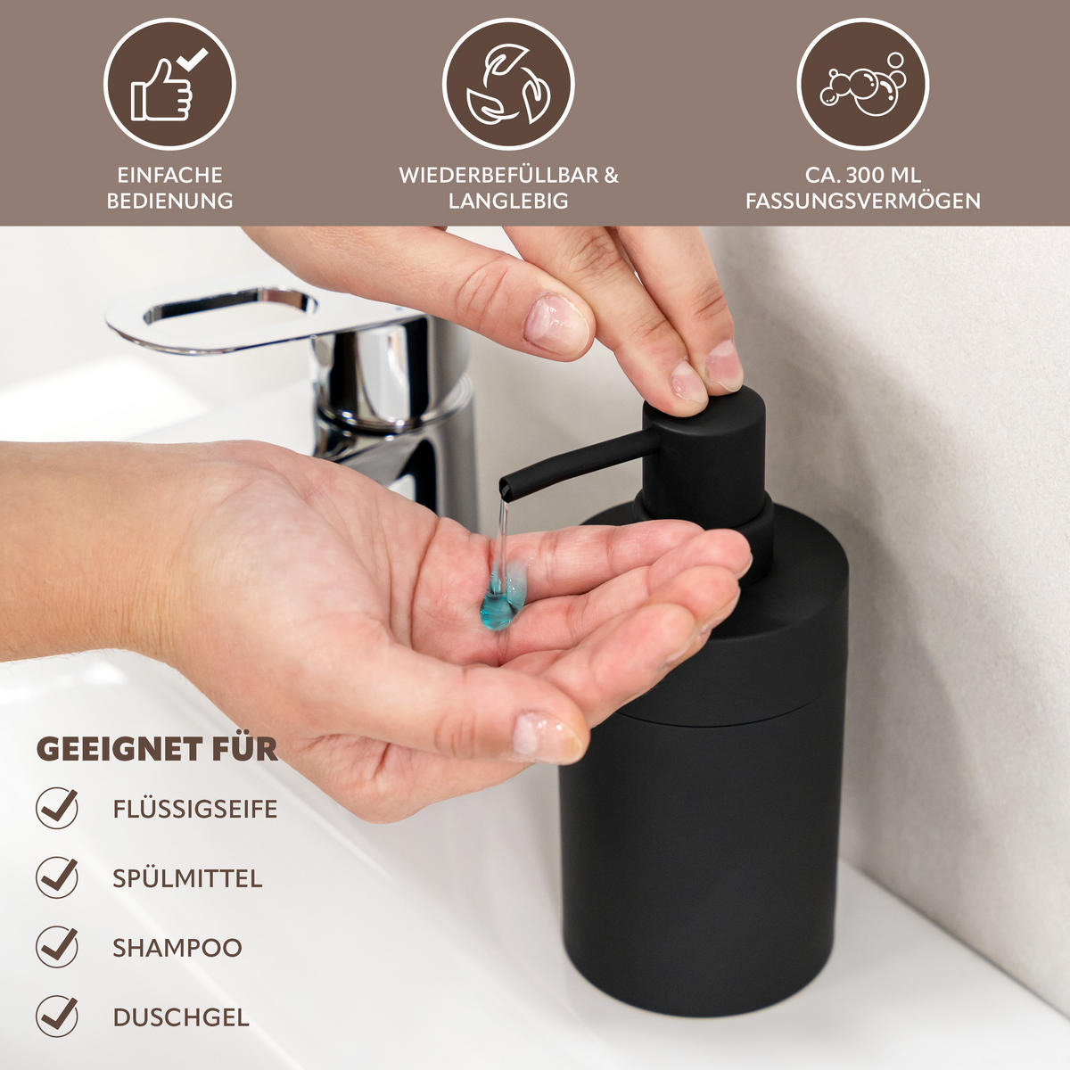 BADEZIMMER-SET SAVONA, Soft-Touch, schwarz, rund - Schwarz, Kunststoff (7/16/9cm) - bremermann