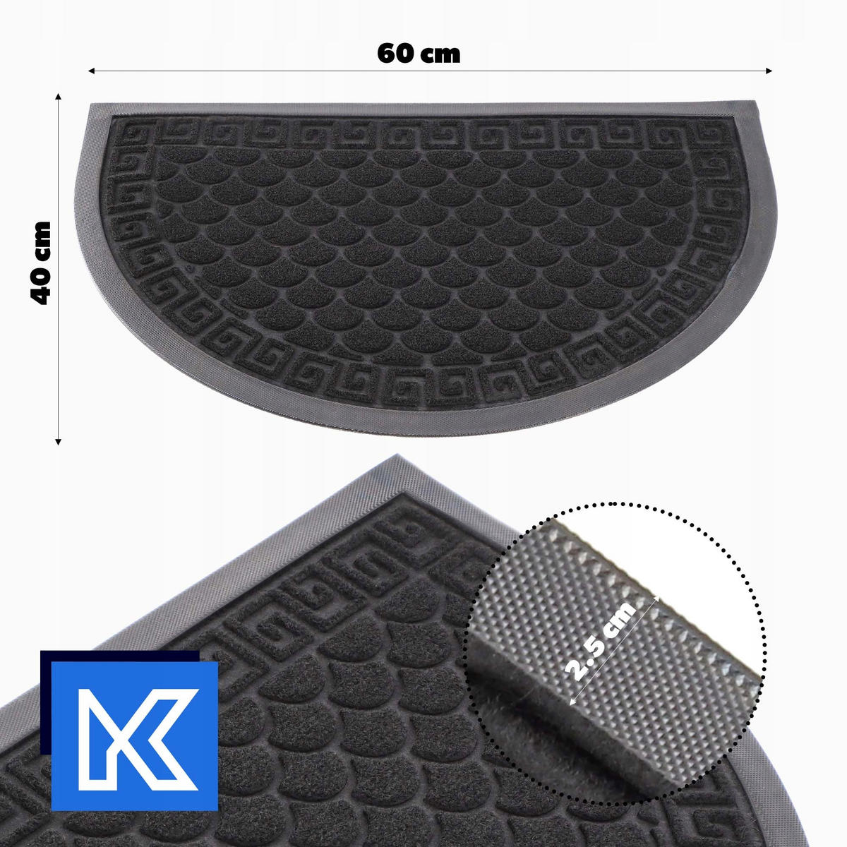 FUSSMATTE 60 x 40 cm, halbrund - Schwarz, Kunststoff (60/40cm) - KADAX