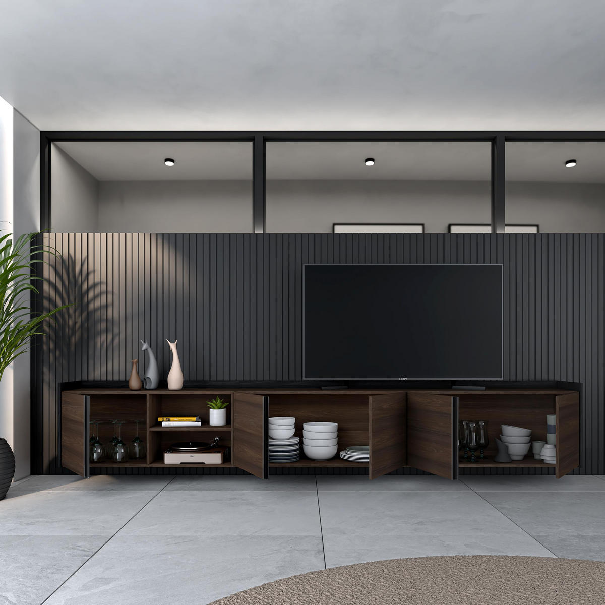 LOWBOARD, Dunkler Eiche und Schwarz, 309/35/50cm, Hängend - Dunkelbraun, Holzwerkstoff (309/50/35cm) - Skraut Home