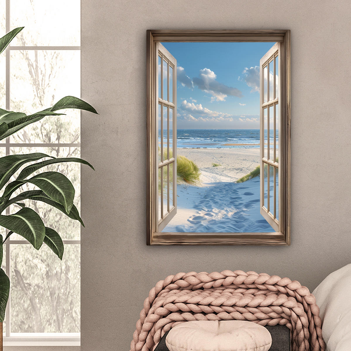 LEINWANDBILD Aussicht - Strand - Fenster - Dünen - Meer 60x90 cm - Hellblau, Textil (60/90cm) - MuchoWow