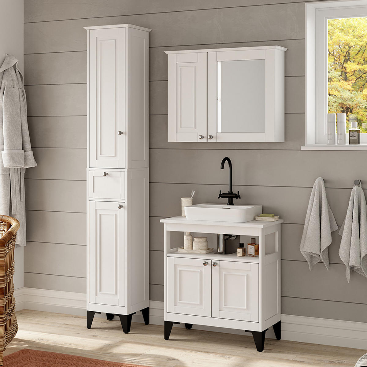 KUPAONSKI SET S VISOKIM ORMAROM Vanity Bijela 3 dijela - bijela, drvni materijal (60/65/30cm) - Vicco