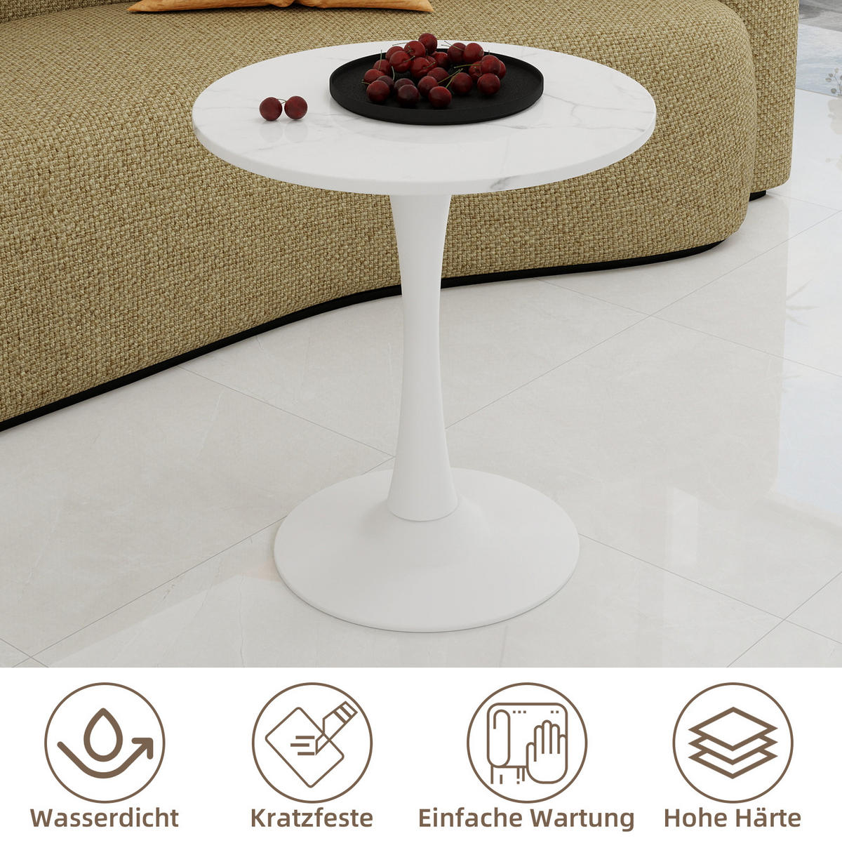 COUCHTISCH 70 cm weiß aus Kunstmarmor mit runder Tischplatte - Weiß, Stein (70/70/72cm) - OKMYHOME