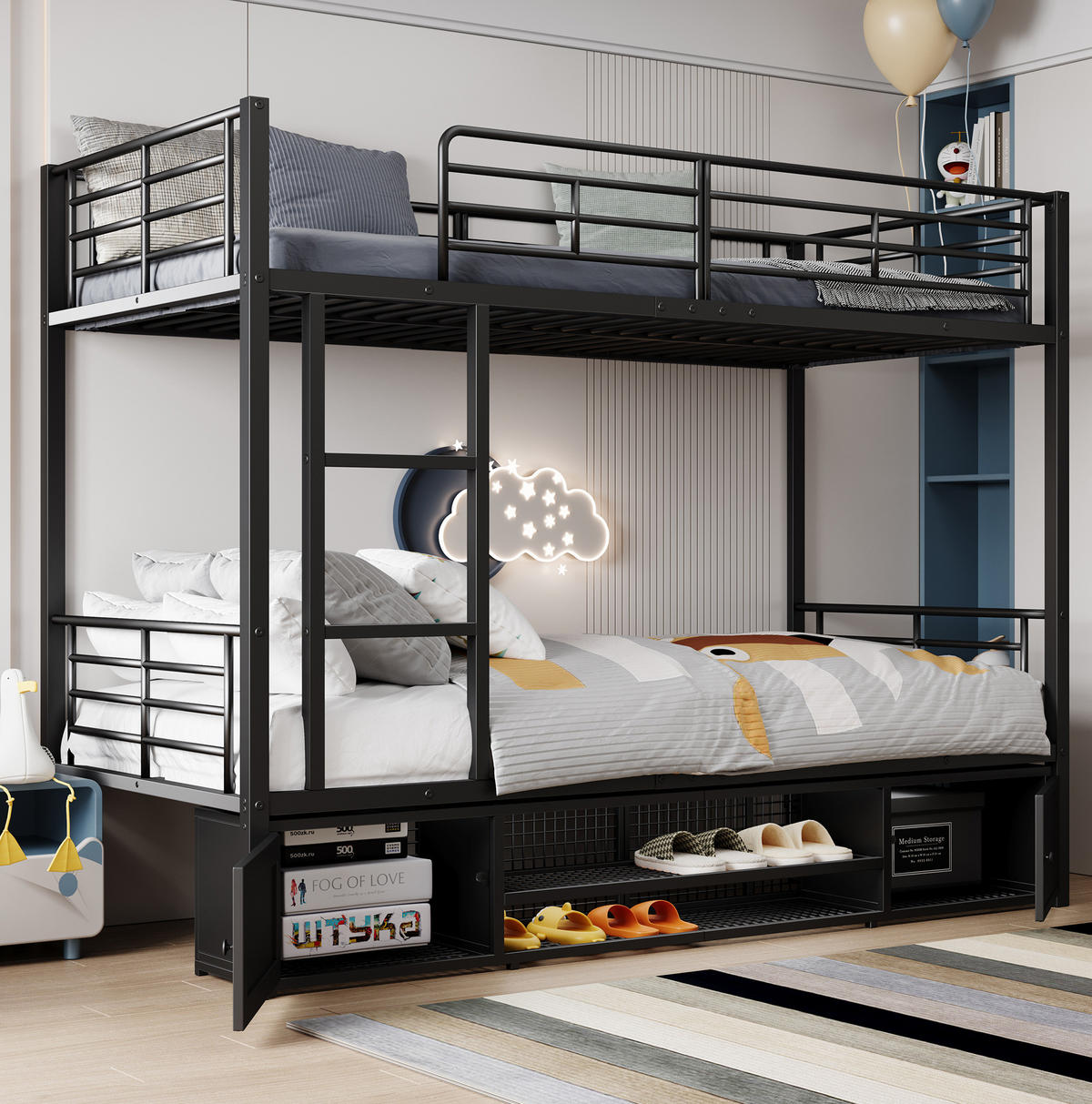 ETAGENBETT aus Metall 90x200 cm Schwarz mit Leiter, Fallschutz und Schuhablage - Schwarz, Metall (90/200cm) - Modfu