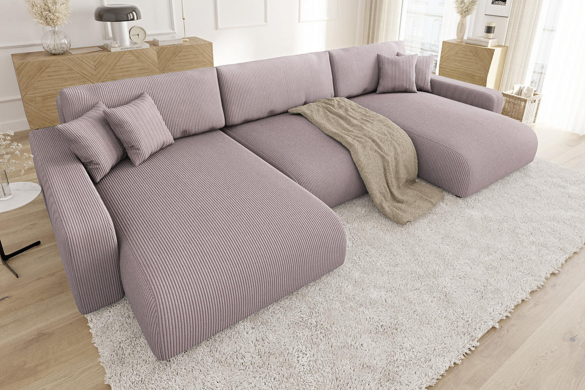 WOHNLANDSCHAFT Emma Puderrosa Cord - Pink/Schwarz, Holz/Kunststoff (332/170cm) - S-Style Möbel