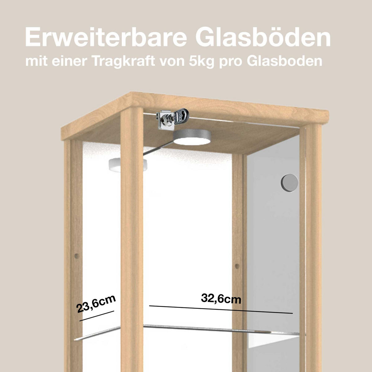GLASVITRINE 33/37/176 cm mit Spiegel, LED, Schloss & 4 höhenverstellbaren Glasböden - Transparent/Silberfarben, Glas/Holzwerkstoff (37/176/33cm) - K-Möbel