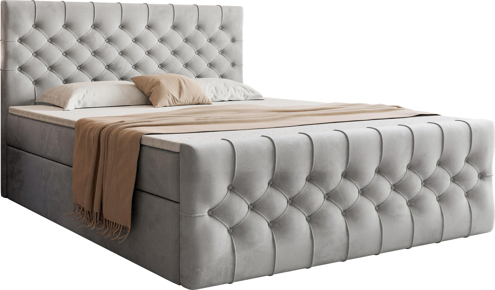 BOXSPRINGBETT Aurora mit Bettkasten, Hellgrau Samt 200x200 cm – inkl. H3 Matratze und Topper - Hellgrau/Schwarz, Holzwerkstoff/Kunststoff (200/200cm) - WFL GROUP