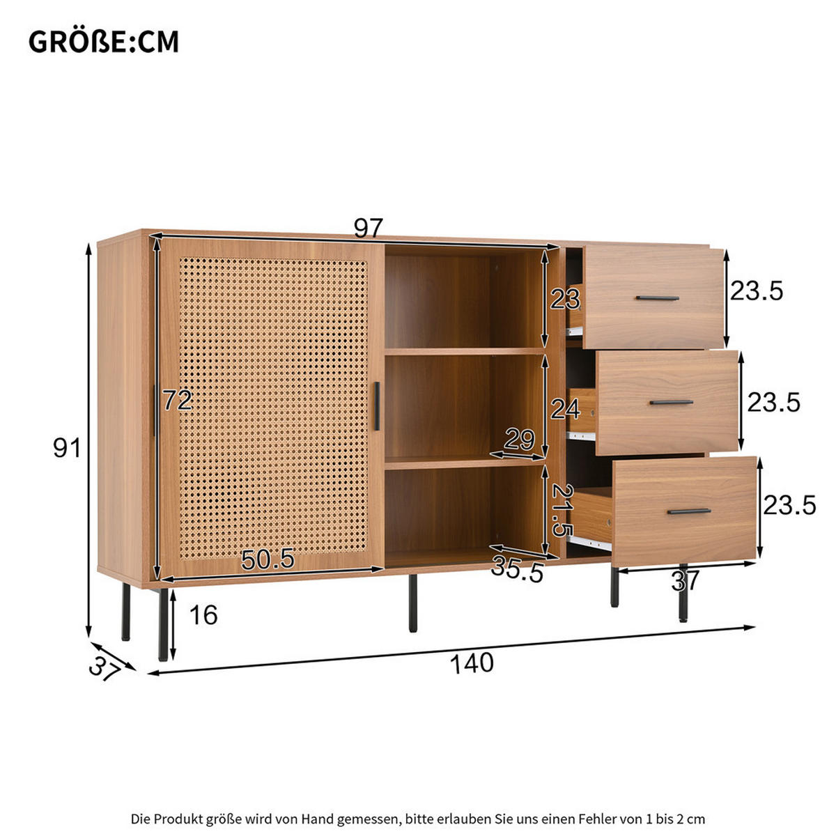SIDEBOARD 140x91x37 cm Buffetschrank Schiebetüren 3 Schubladen - Naturfarben, Holz (140/91/37cm) - Kaket