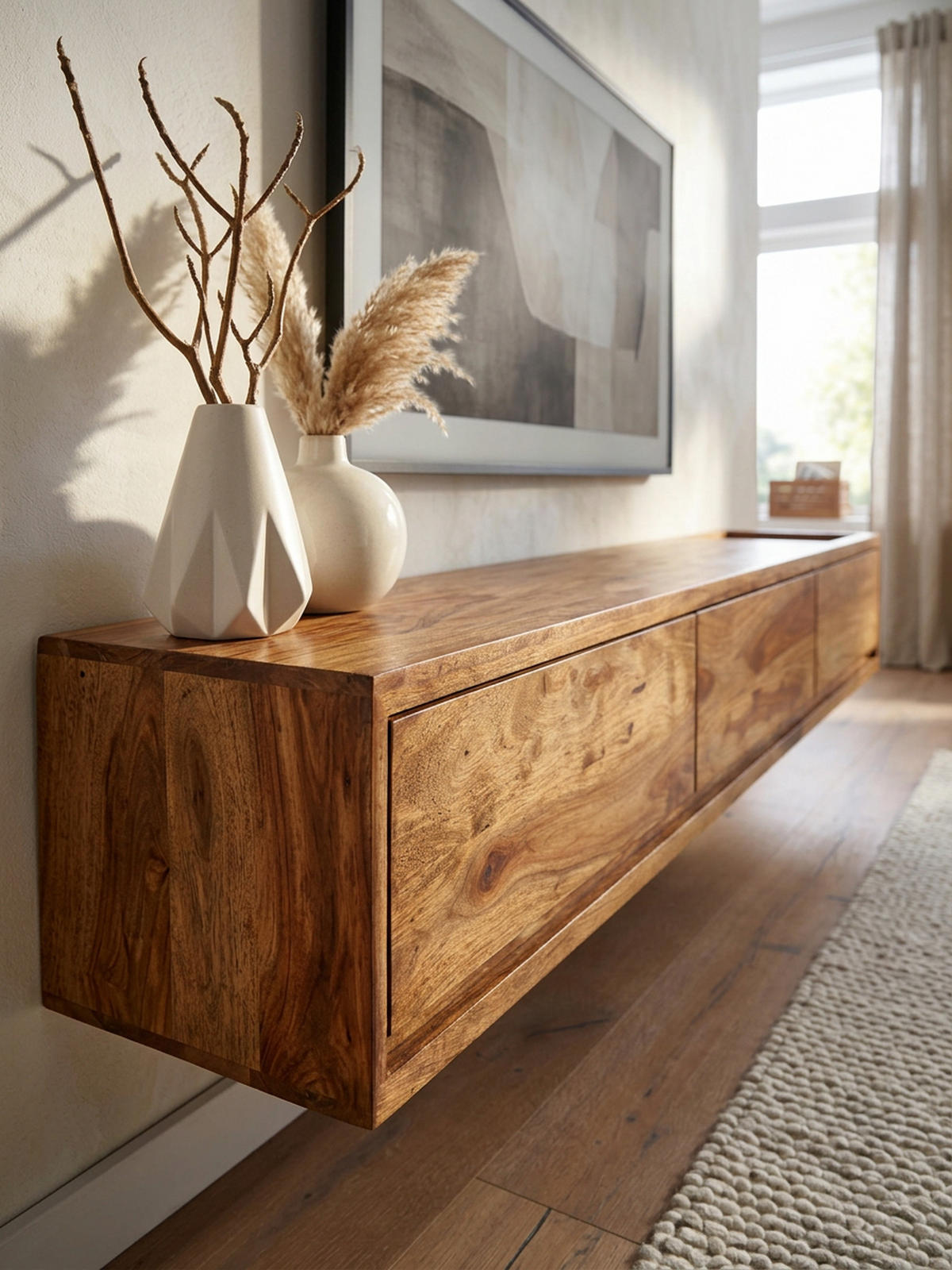 LOWBOARD Massivholz Modern Stil Hängend für 65-Zoll Fernseher mit 3 Schubladen - Braun, Holz (160/25/35cm) - KADIMA DESIGN