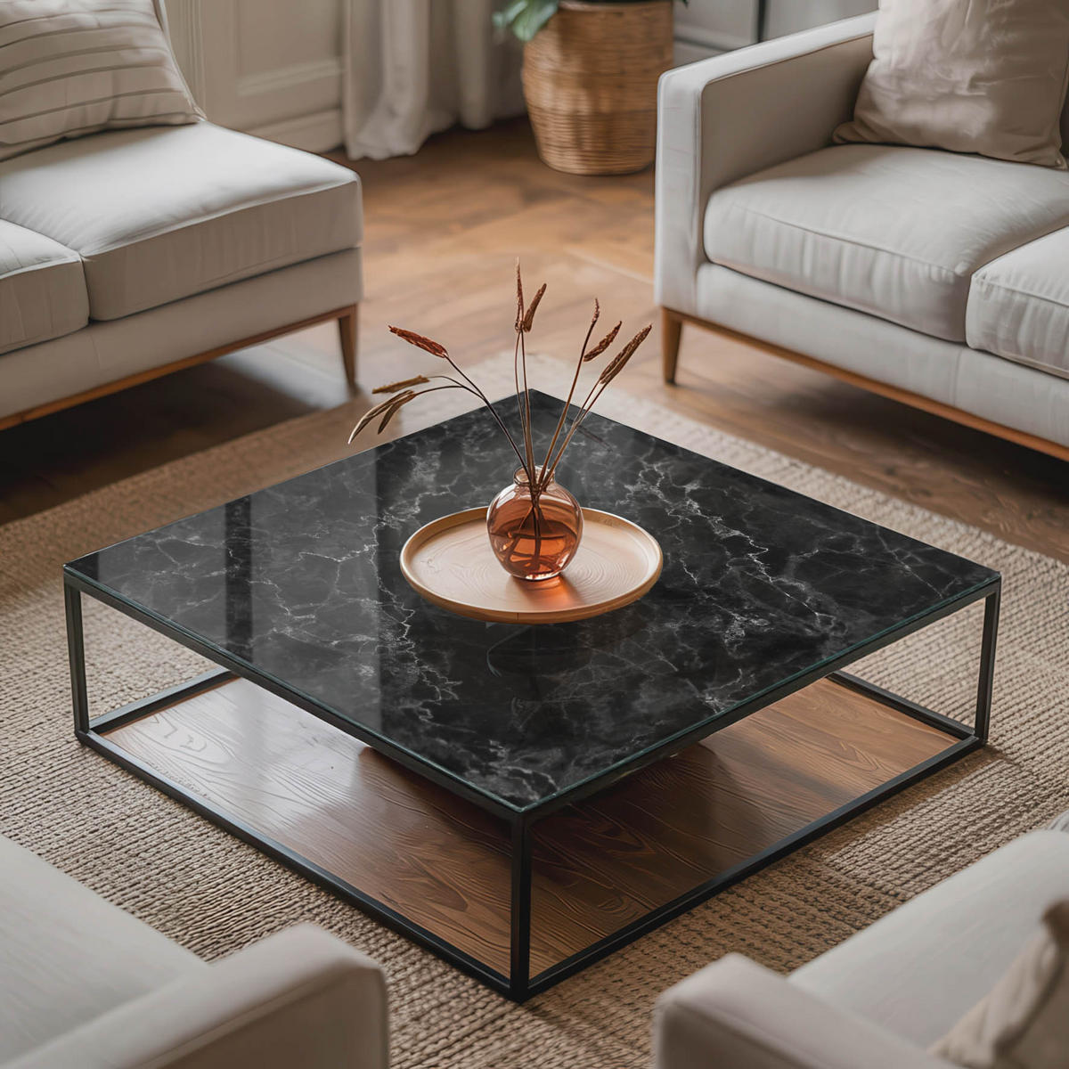 TISCHPLATTE 50x50 cm Marmoriert mit Adern - Schwarz/Grau, Glas (50/50/0.4cm) - TULUP