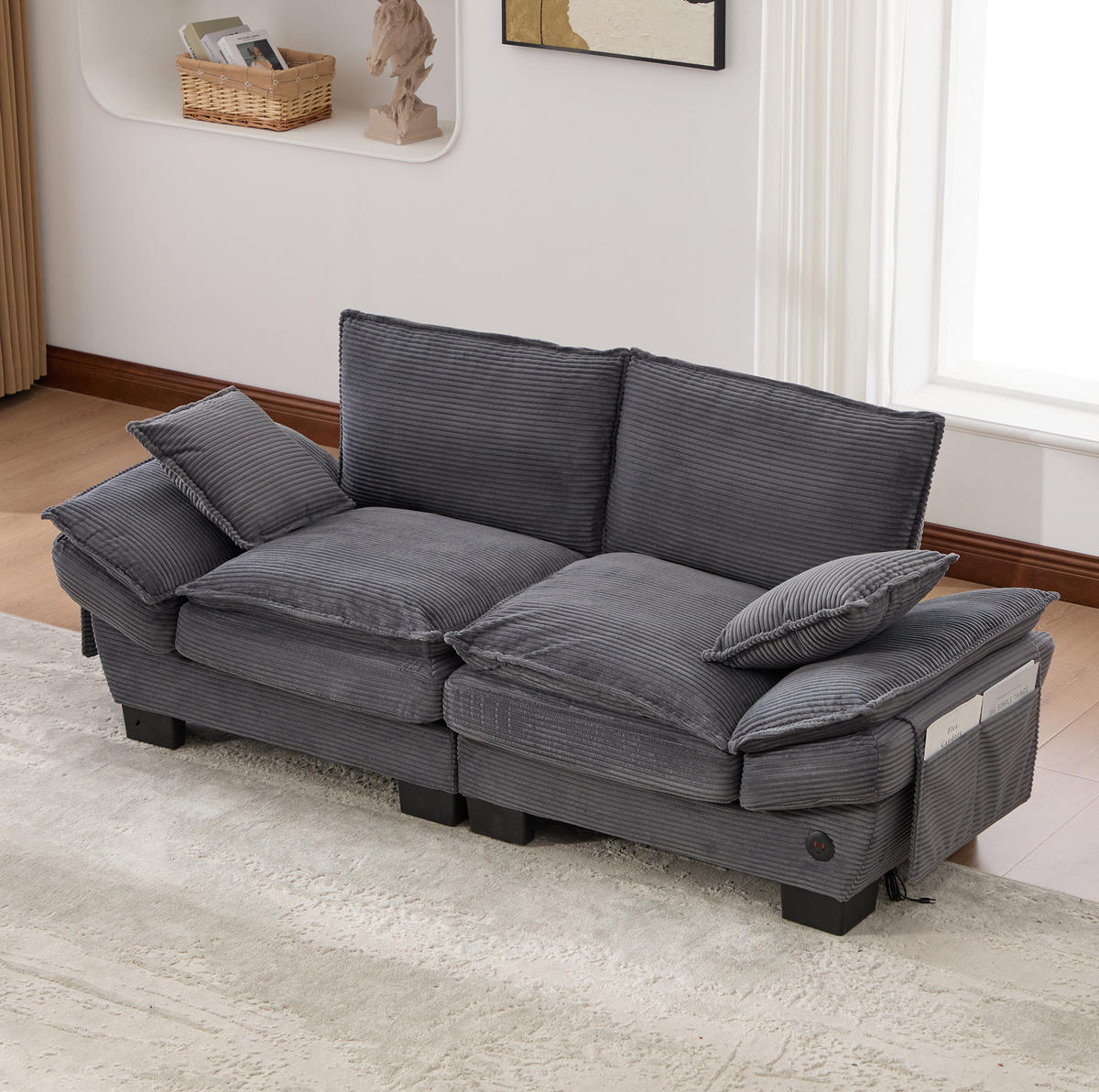 2-SITZER Sofa aus Cord 190x73x84 cm in Dunkelgrau mit USB-C & Seitentaschen - Dunkelgrau, Textil (73/84/190cm) - Modfu