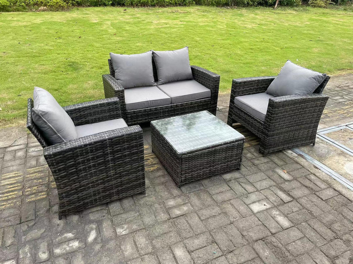 GARTENSOFA SET mit Couchtisch Polyrattan Dunkelgrau 4-Sitzer - Dunkelgrau, Metall - Fimous