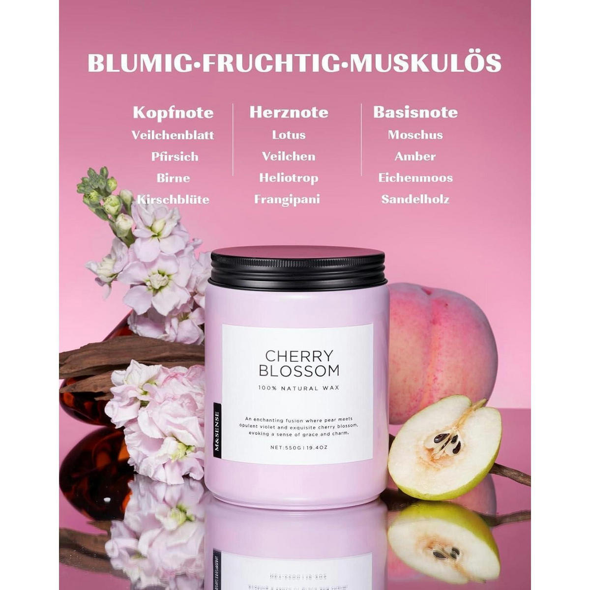 DUFTKERZE Kirschblüte 550g, 110 Stunden Brenndauer, Natürliches Wachs - Rosa, Paraffin (13cm)