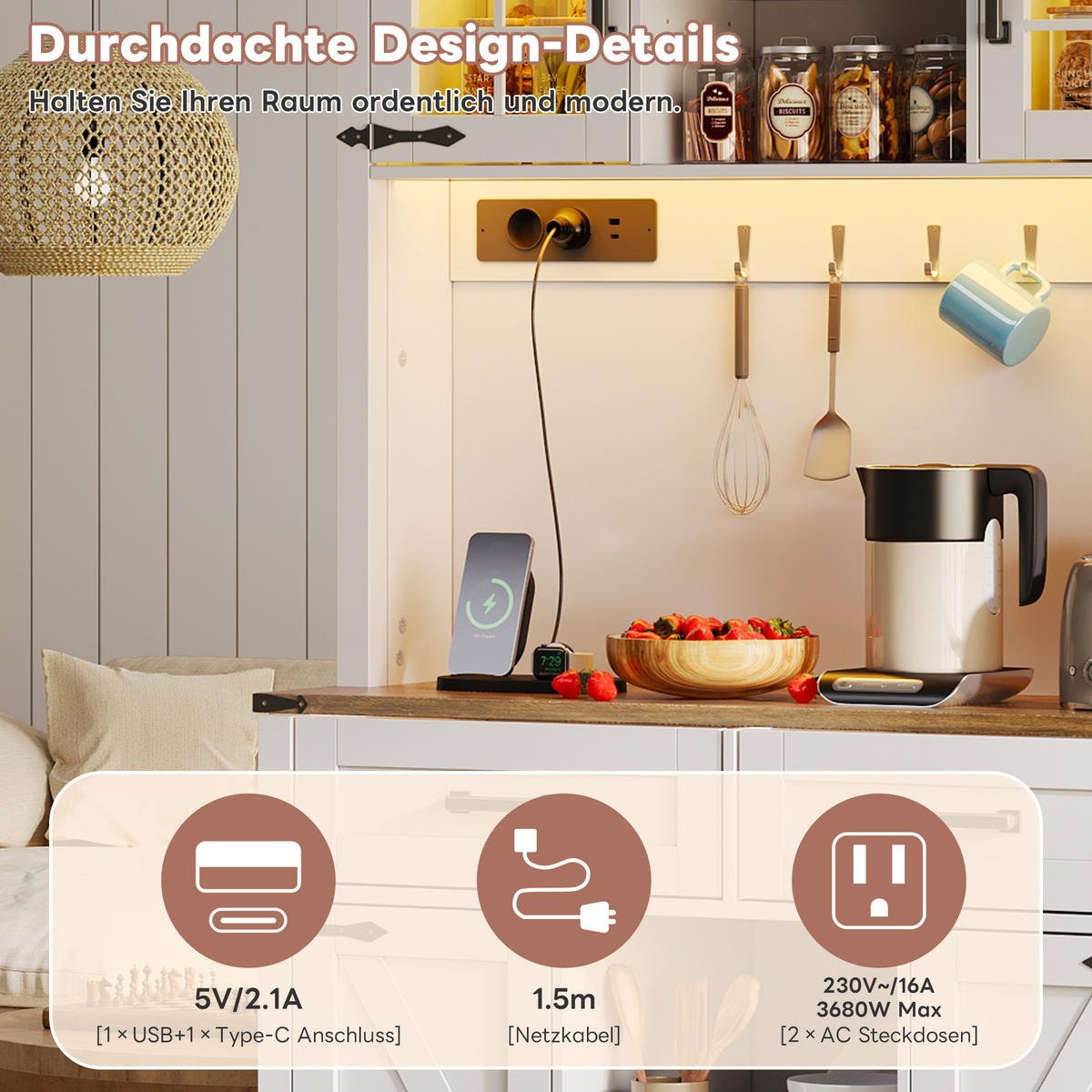 BUFFET 99/40/172 cm Weiß mit LED-Beleuchtung und 2 Schubladen - Weiß, Holz (100/172/40cm) - Oxeza