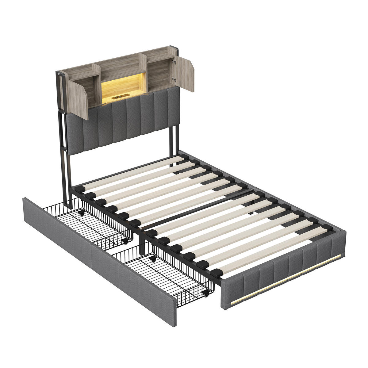 POLSTERBETT 90x200 cm, grau, 2 Schubladen, LED RGB Kopf- & Fußteil, USB/USB-C - Grau, Metall (90/200cm) - EuroLiving