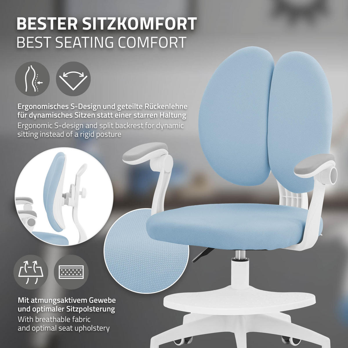 DĚTSKÁ ŽIDLE K PSACÍMU STOLU Modrá 95–107 cm z polyesteru - bílá/modrá, textil/plast (53/107/53cm) - ML-DESIGN