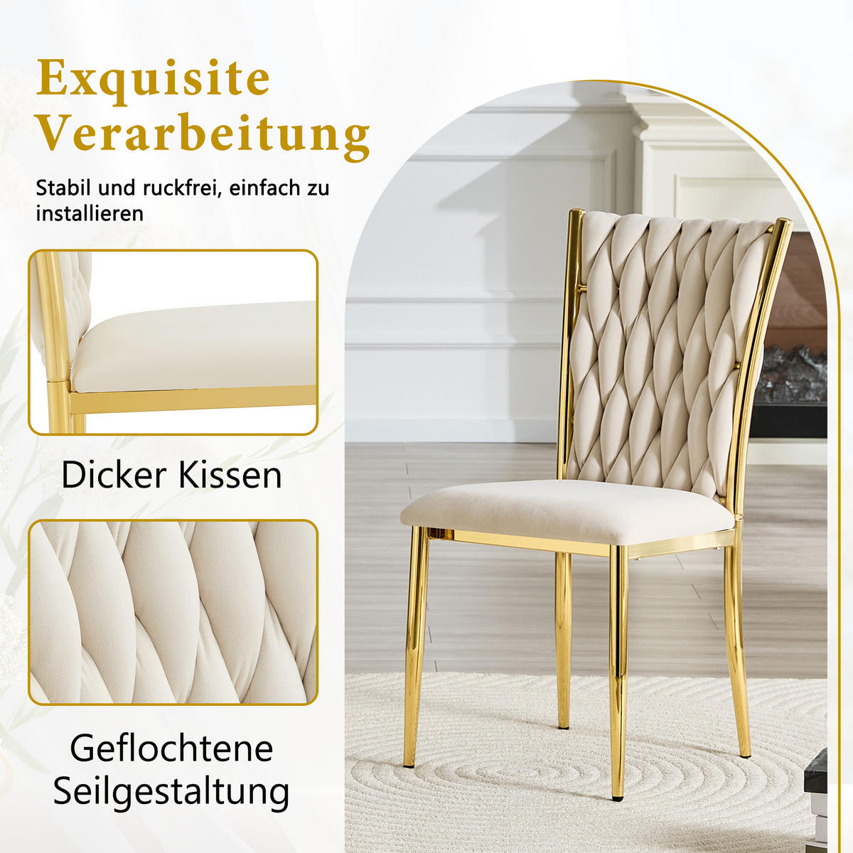 STUHL-SET DE-36807 4 Stück mit handgeflochtenem Muster Beige - Beige, Metall (45/94/58cm) - ComfortXL