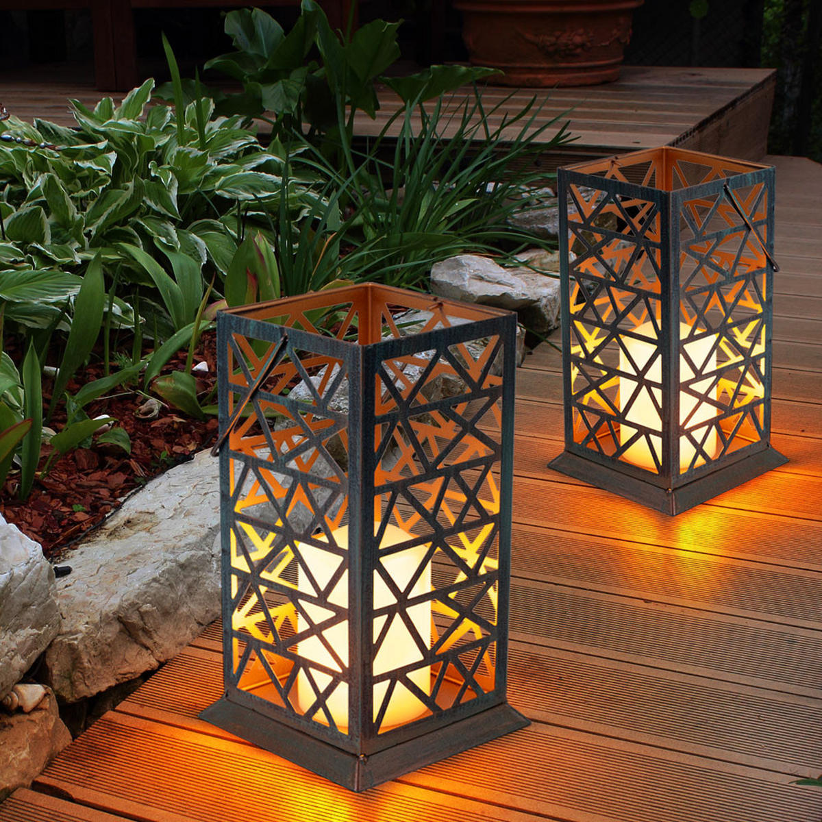 LED AUSSENLEUCHTE Feuereffekt Rostgrün - Braun, Metall (14/14/27cm) - Globo Lighting