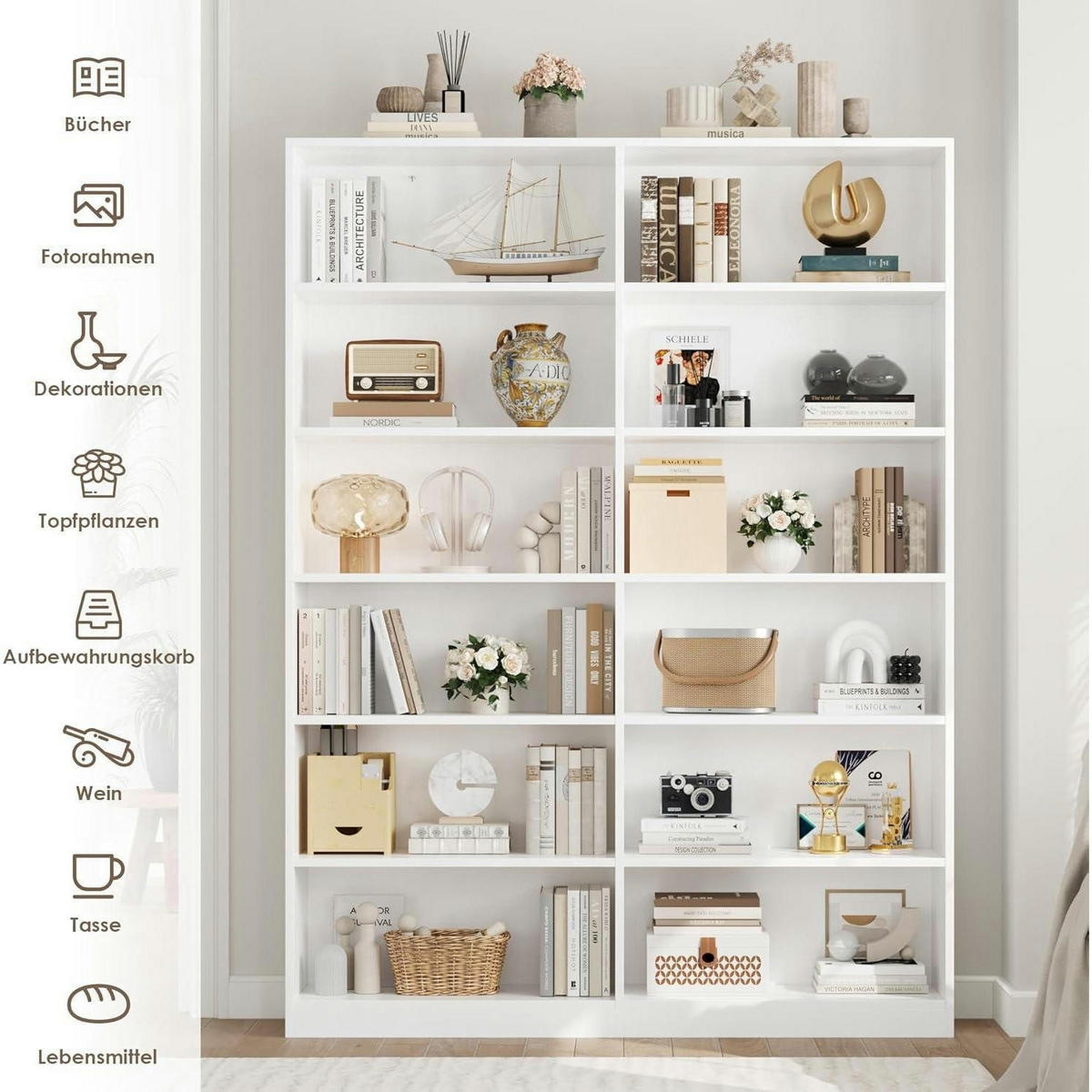 BÜCHERREGAL mit 12 Fächern weiß 120 x 30 x 188,7 cm - Weiß, Holzwerkstoff (120/188.7/30cm)