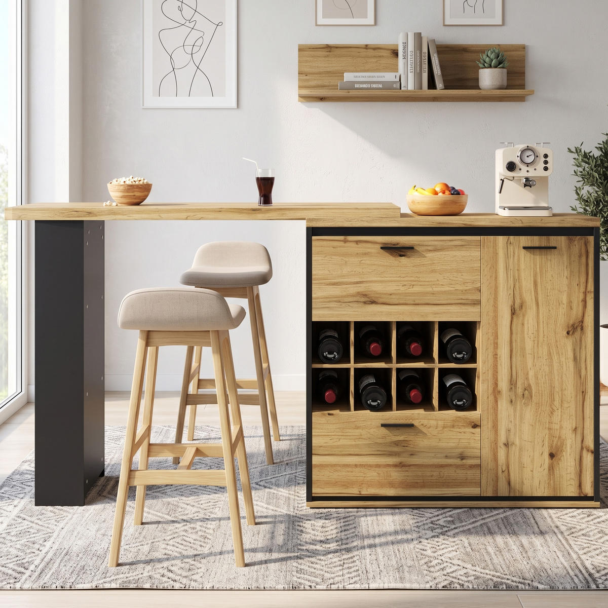 BARTISCH Ausziehbar 138-220cm Holzoptik mit Stauraum & Weinregal - Naturfarben, Holzwerkstoff (39/138/105cm) - Urban Meuble