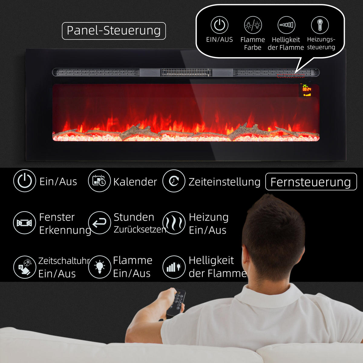 ELEKTROKAMIN 1800 W Wandkamin mit LED 3D-Flammeneffekt Kristalle in 3 Farben - Schwarz, Metall (15.8/45/127cm) - HOMCOM
