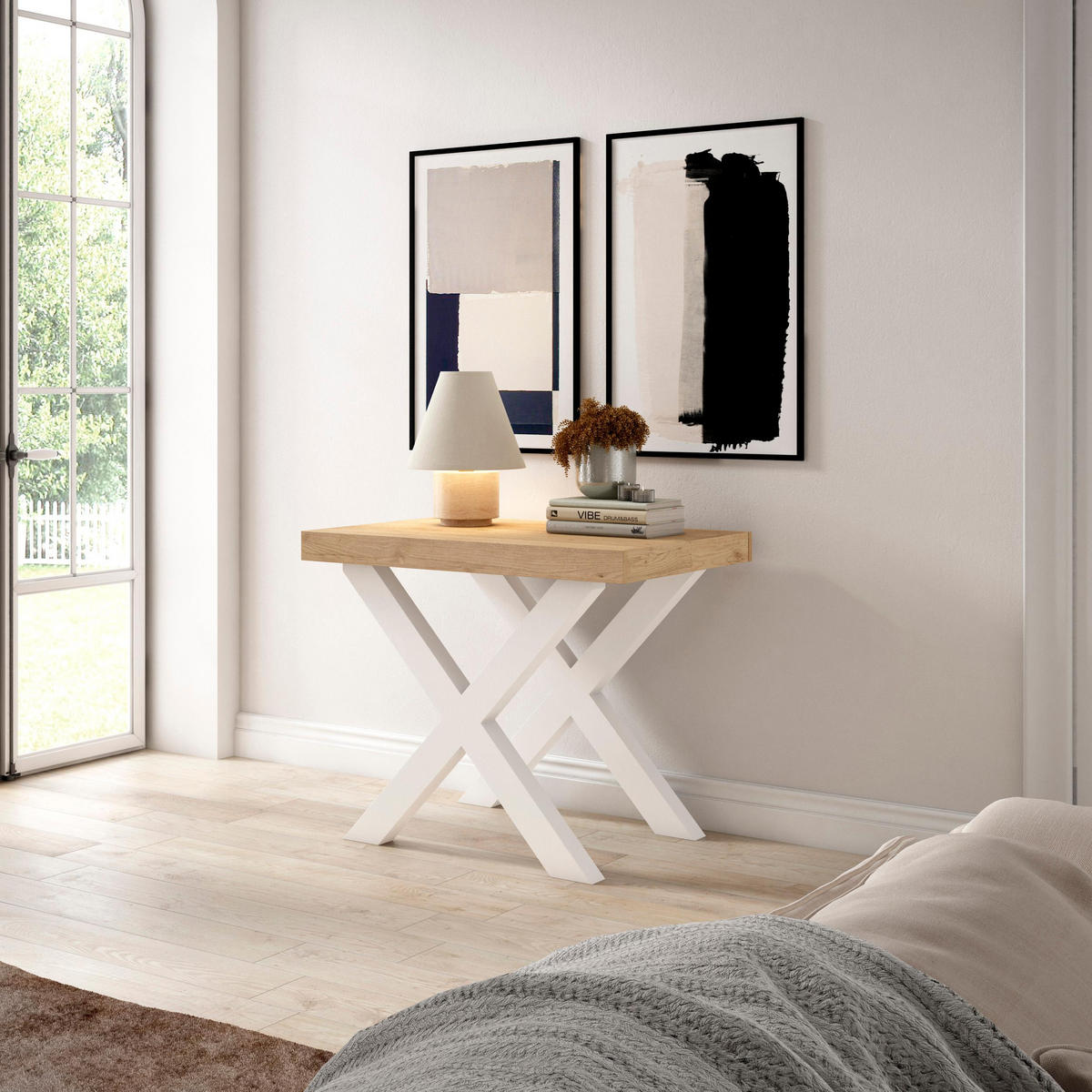 KONSOLENTISCH ausziehbar 58 bis 262cm, für 12 Gäste, eiche weiß, 90/58/73cm - Eichefarben/Weiß, Holzwerkstoff (90/262/73cm) - Skraut Home