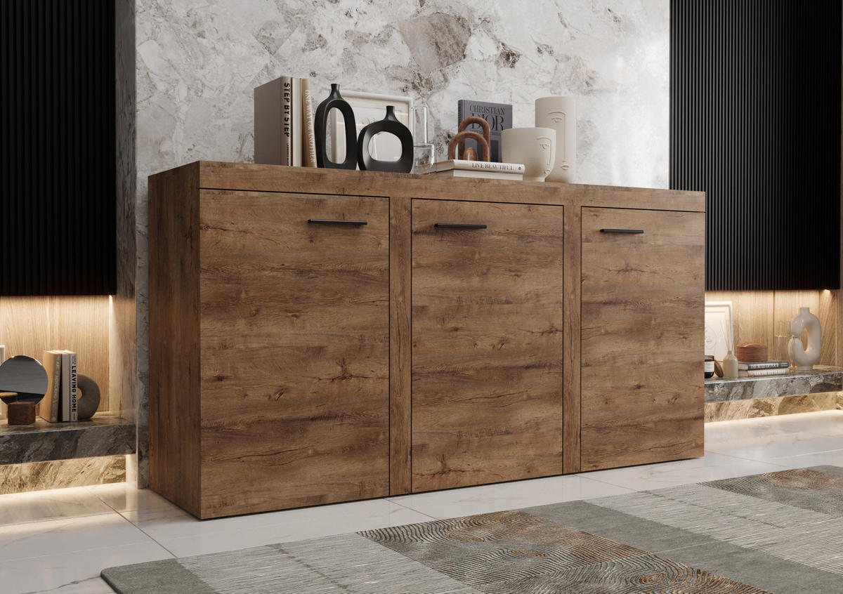 KOMMODE London LRXK mit 3 Türen, Sideboard in Farbe: Braun, Größe: 149 x 82 x 40 cm - Braun, Holzwerkstoff (149/82/40cm) - O-Sofa