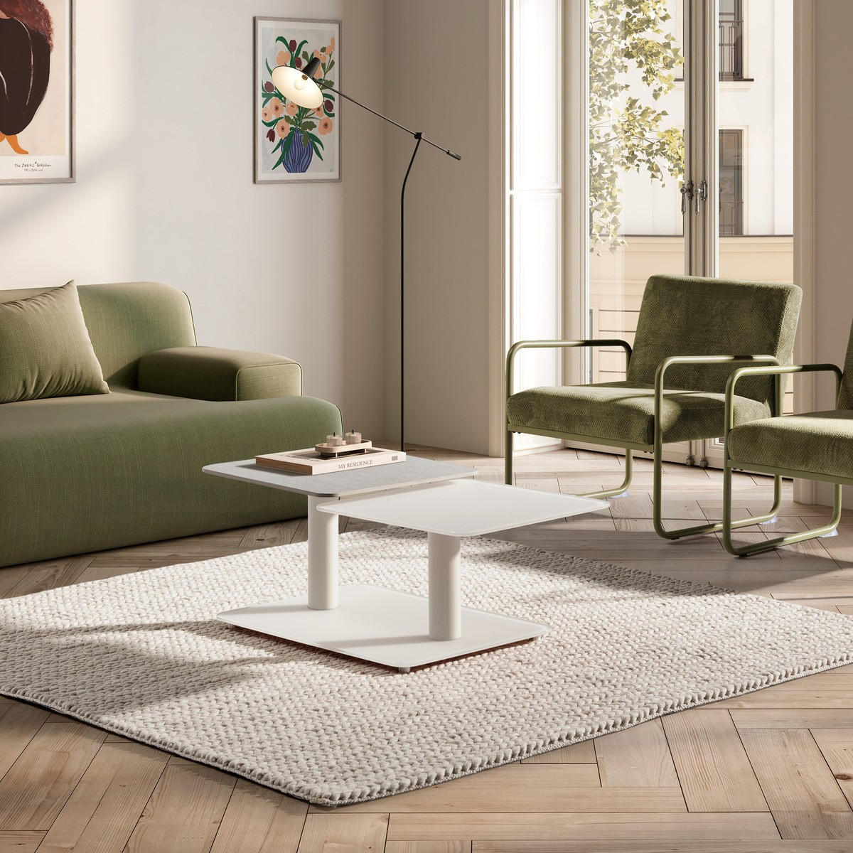 OTOČNÝ konferenční stolek s čtvercovými skleněnými deskami, délka 114 cm - KAYA - béžová, sklo (114.6/54/42.8cm) - Calicosy