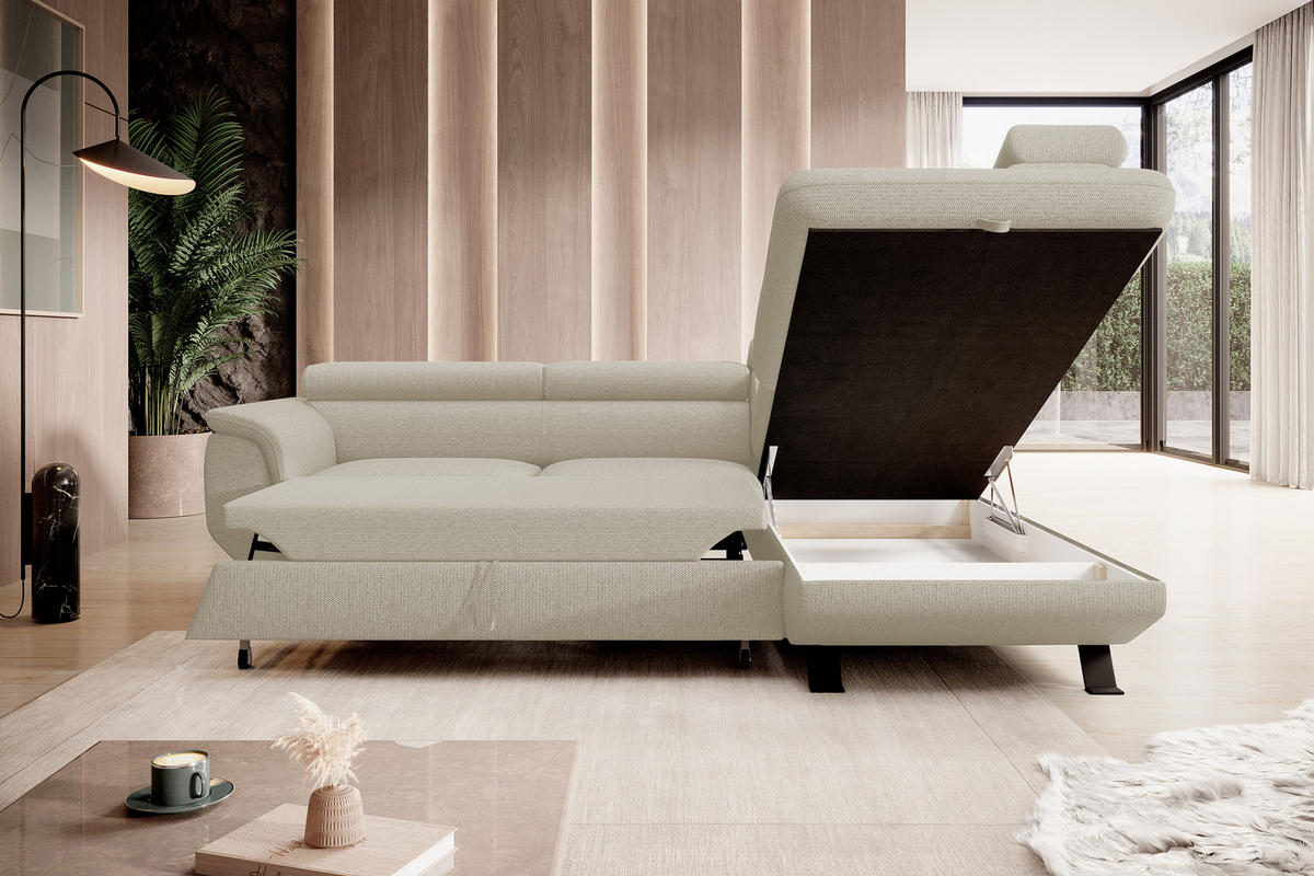 ECKSOFA Raven L mit Schlaffunktion und Bettkasten, Freistehend, Polstersofa mit Verstellbaren Kopfstützen, 257x198x96 cm – Rechte, Beige - Beige, Holz/Textil (256/198cm) - DomoHome