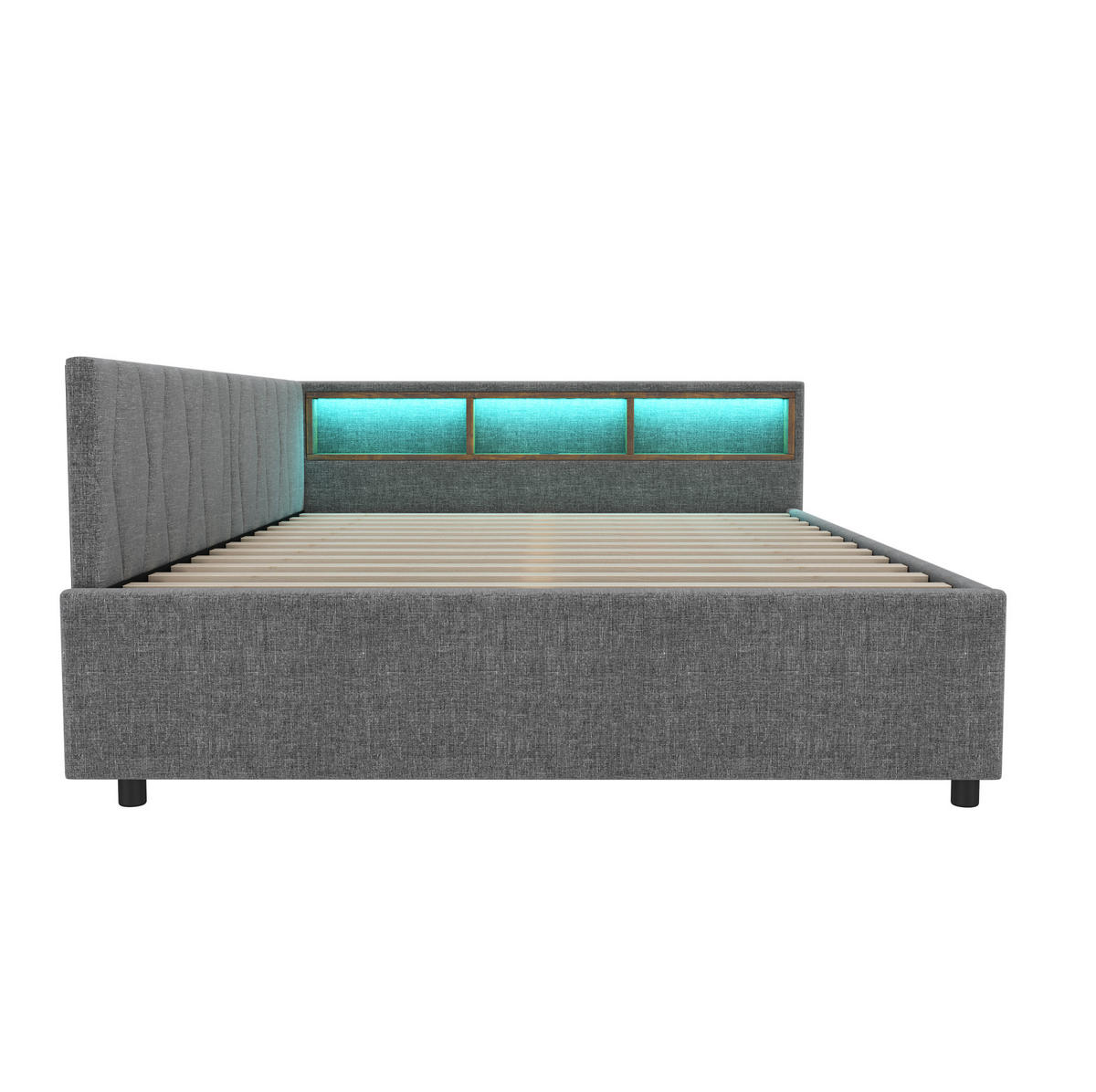 POLSTERBETT aus Leinen 140x200 cm in Grau mit LED, USB-C & 2 Schubladen - Grau, Textil (140/200cm) - Modfu