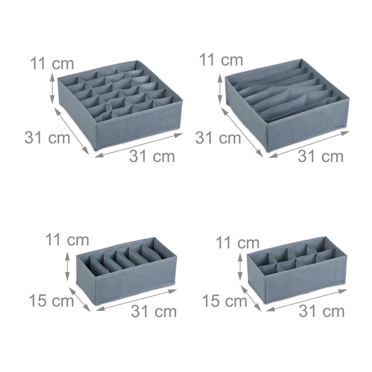 4-DIELNA súprava organizérov do zásuvky - sivá, plast/vlnitá lepenka (31/11/31cm) - Relaxdays