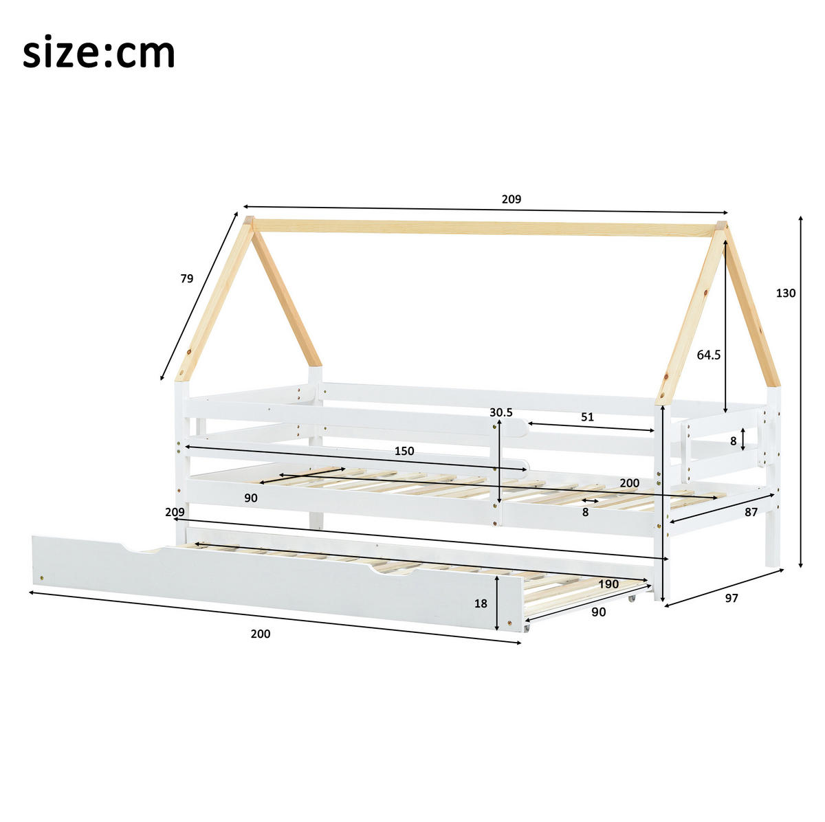 KINDERBETT aus Massivholz 90x200 cm in Weiß/Natur mit Ausziehbett - Weiß, Holz (90/200cm) - Modfu
