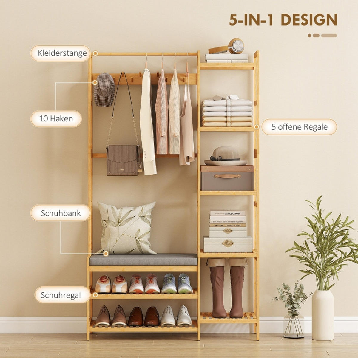 STANDGARDEROBE 104/33/175 cm mit 10 Haken, Schuhablage, Sitzbank aus Bambus - Naturfarben, Naturmaterialien (104/175/33cm) - BEAOK