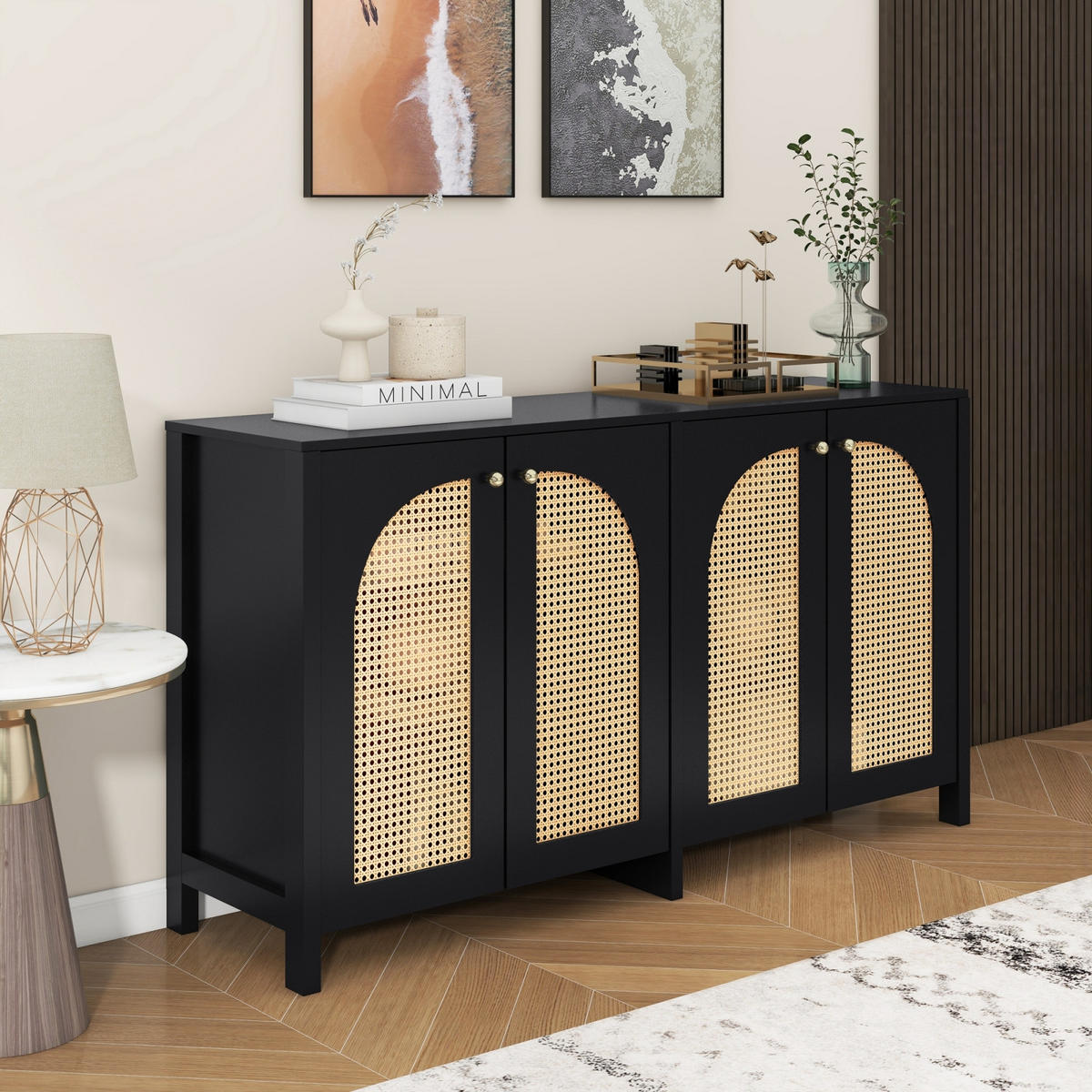 SIDEBOARD 145x40x80 cm, 4 Türen, Rattanoptik, Schwarz - Schwarz, Holz (145/80/40cm)