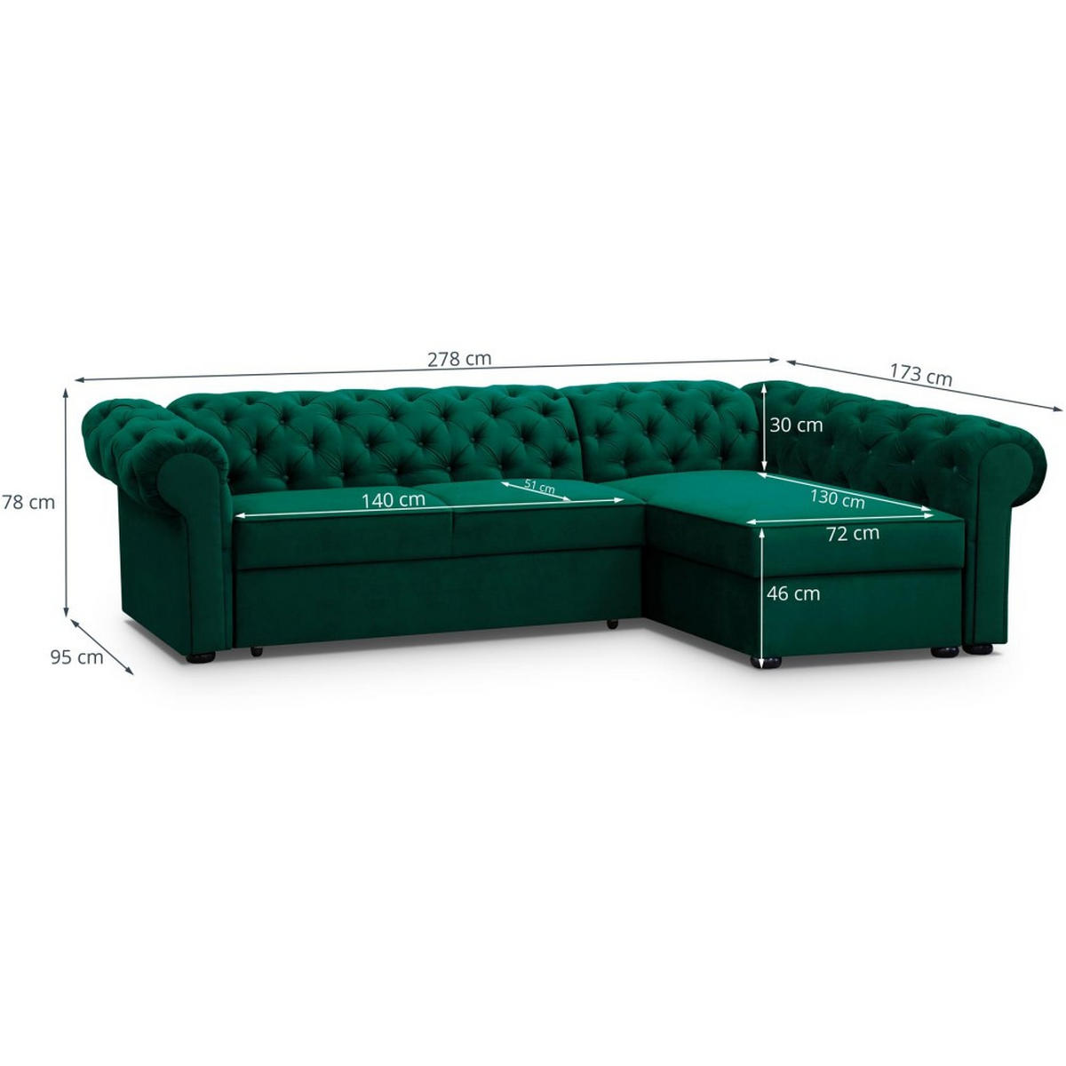 ECKSCHLAFSOFA Chester im Chesterfield-Stil, Dunkelgrün, links - Dunkelgrün/Schwarz, Textil (278/173cm) - Beautysofa