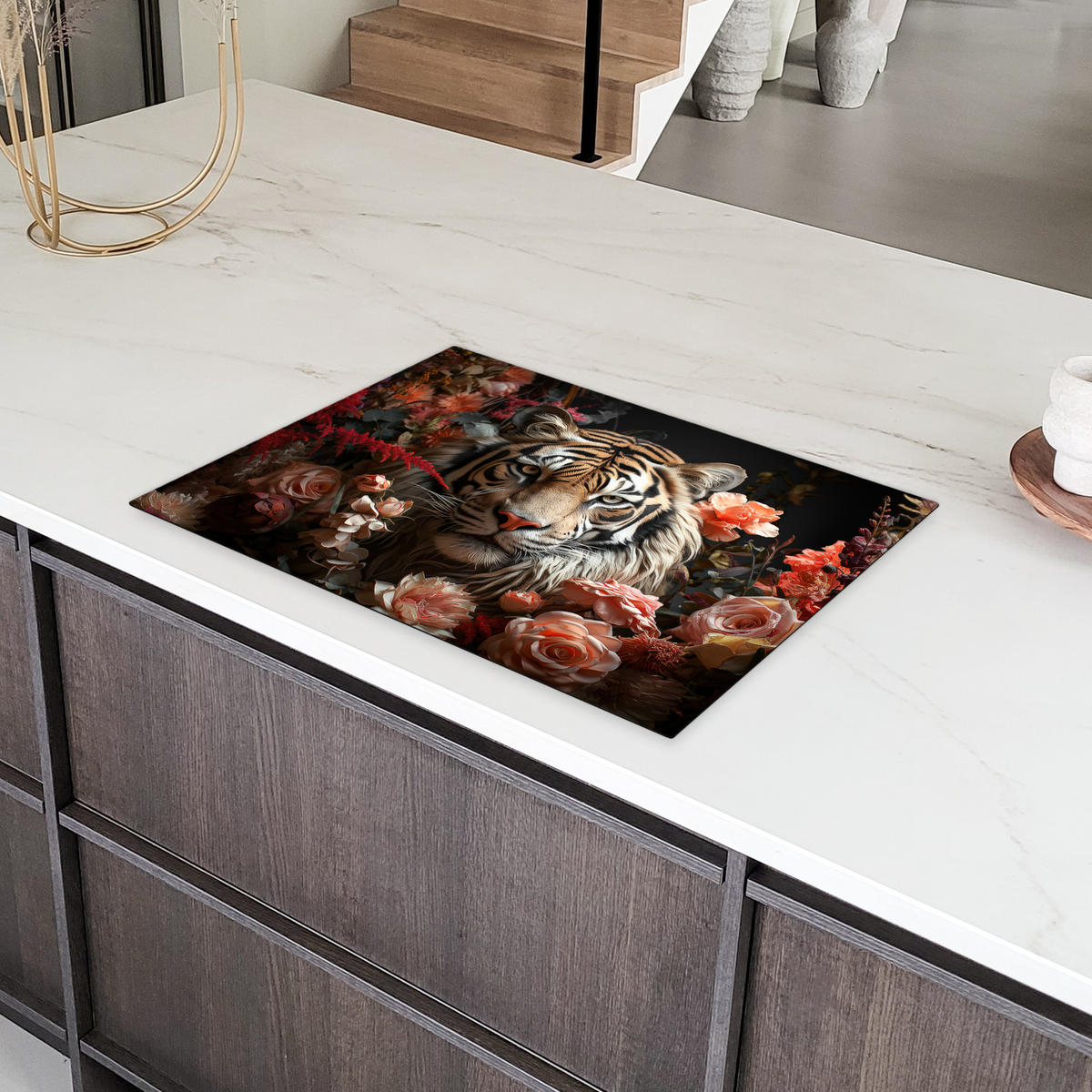 HERDABDECKPLATTE Tiger - Tier - Natur - Floral - Botanisch Herdabdeckung Induktionsfeld 75x52 cm - Orange, Kunststoff (75/52/0.2cm) - MuchoWow