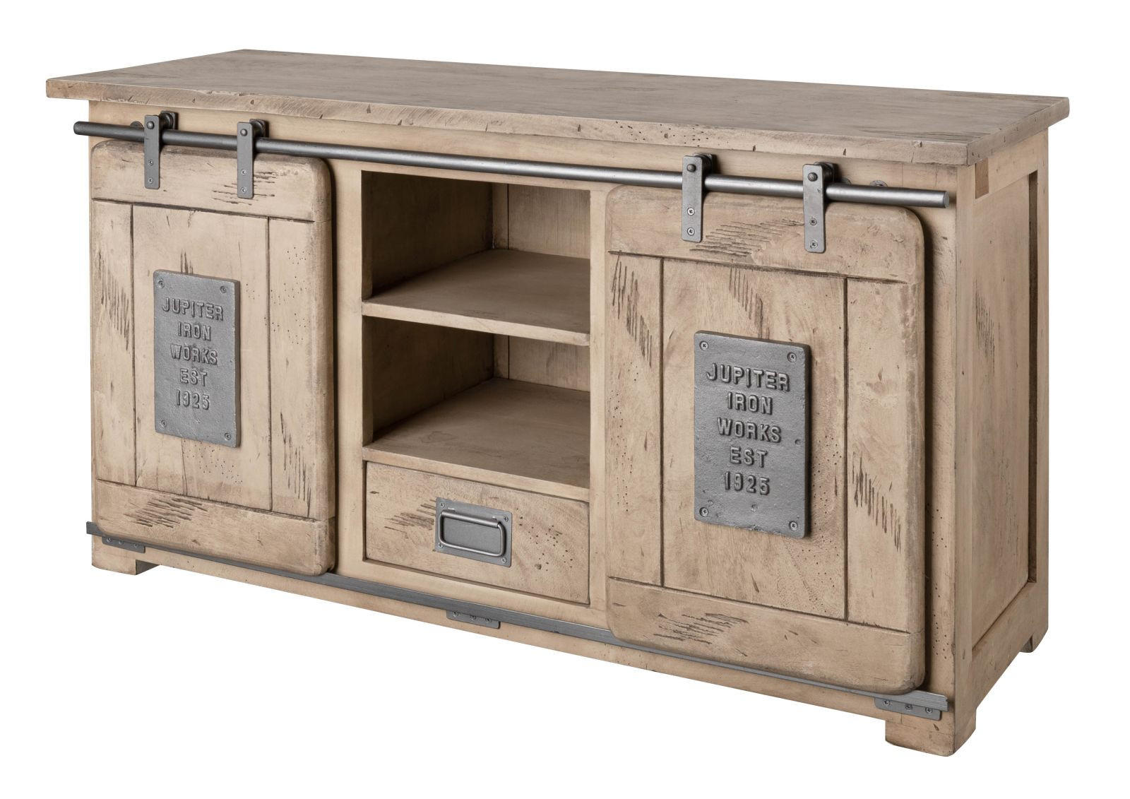 SIDEBOARD Mango 128x45x70 whitewash lackiert RAILWAY #302 - Beige, Holz (128/70/45cm) - Massivmoebel24