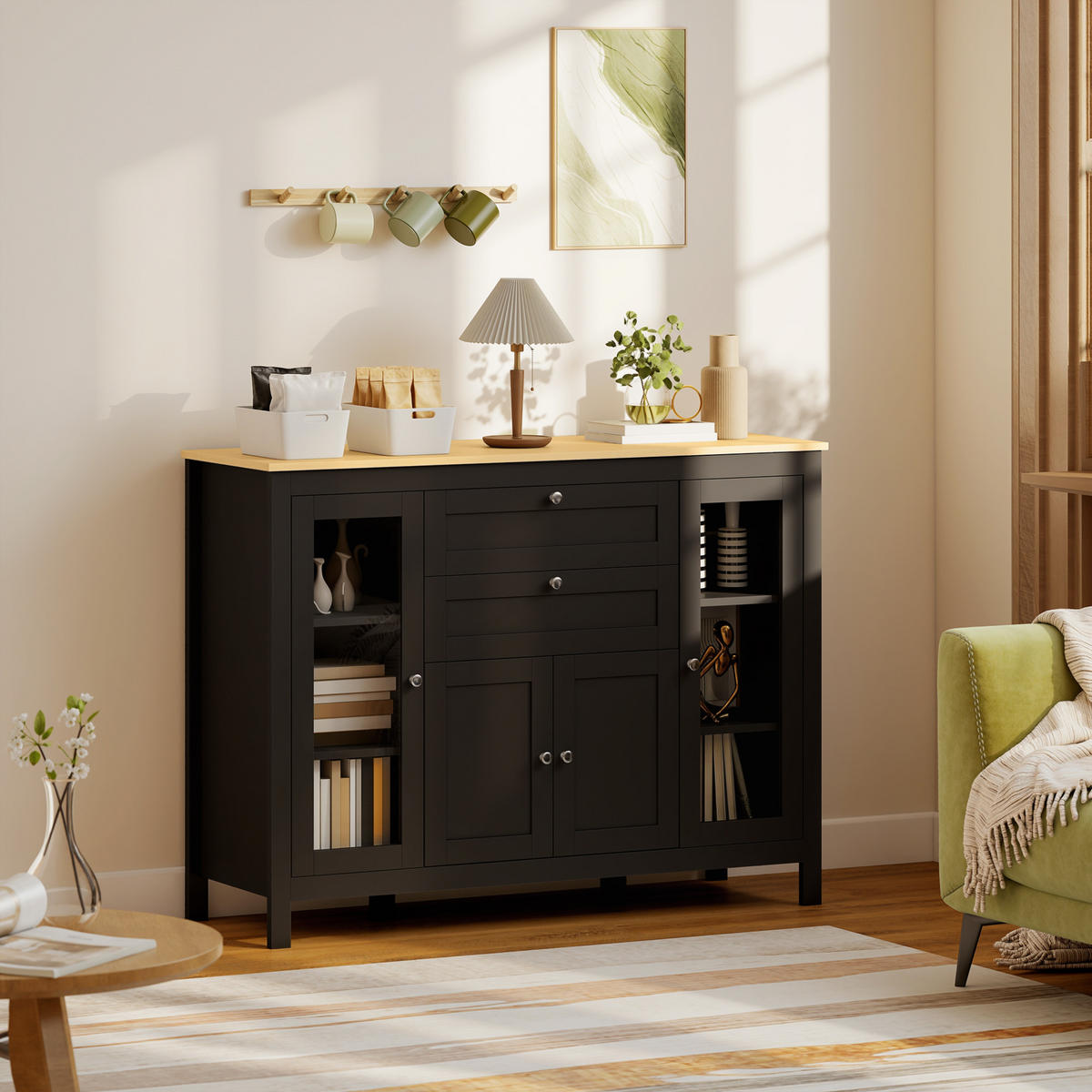 SIDEBOARD DE-11209 3 Schränke (2 mit Glas) Schwarz - Schwarz, Holzwerkstoff (120/90/40cm) - ComfortXL