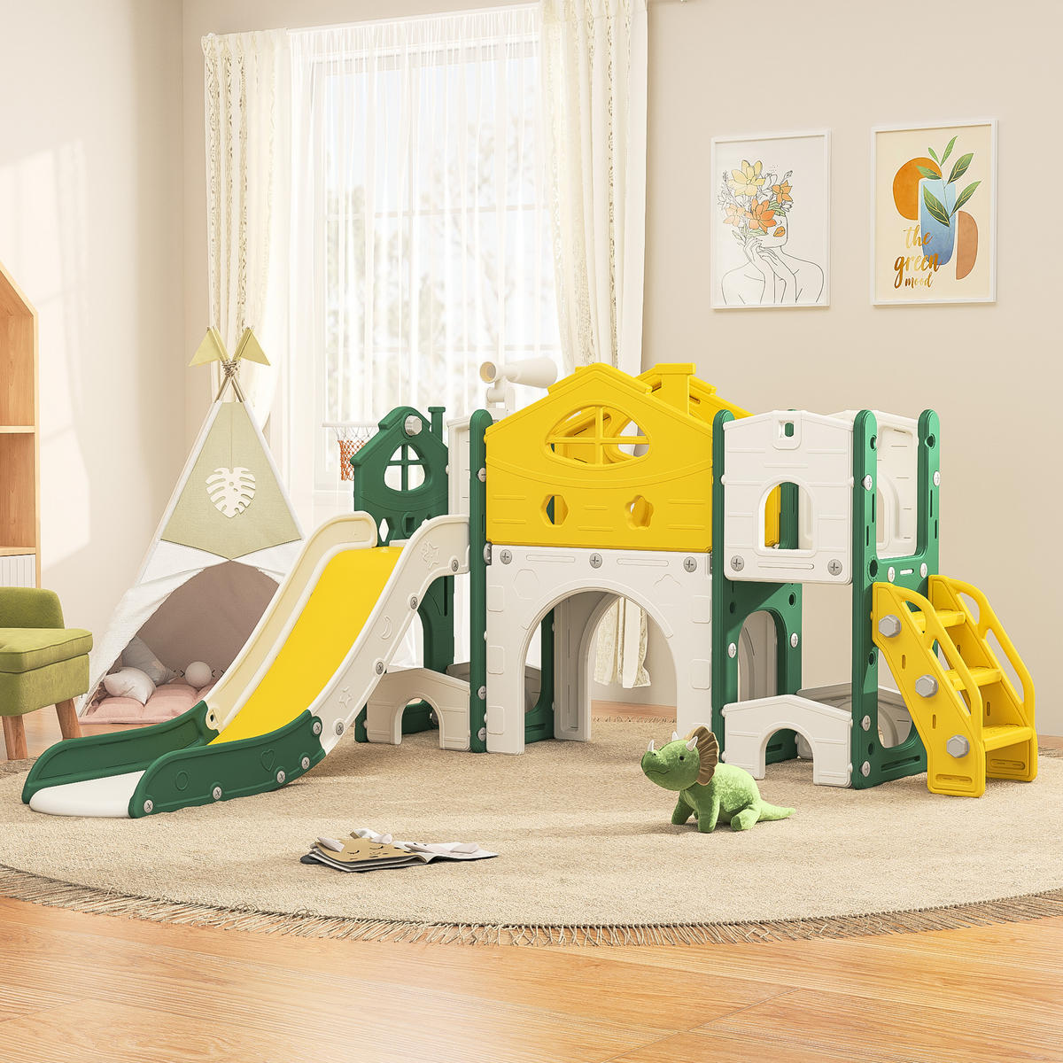 7-IN-1 RUTSCHE Für Kinder Grün Mit Basketballkorb & Kletterspielset - Grün, Holz (166/96.5/193.5cm)