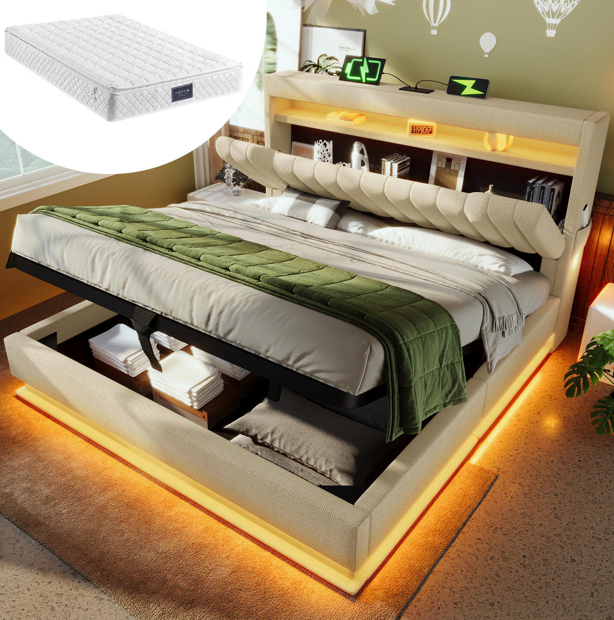 POLNJENA postelja iz lanu 140x200 cm bež z LED osvetlitvijo, USB in Type-C priključki ter hidravličnim prostorom - bež, tekstil (140/200cm) - Modfu