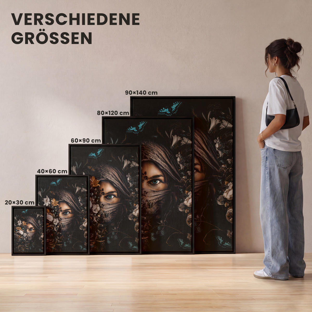 LEINWAND Bilder mit Rahmen - Frau - Luxus - Blumen - Schmetterling - Porträt - 40x60 - Schwarz, Textil (40/60cm) - MuchoWow