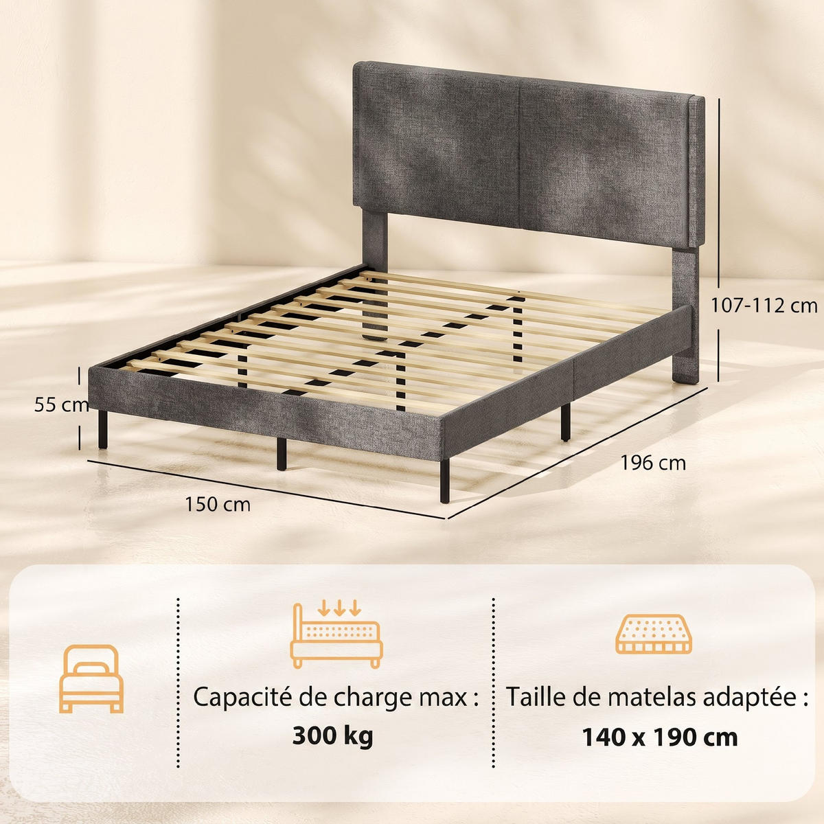 BETT Grau 140/190 cm - Grau, Textil/Metall - PANGIVO