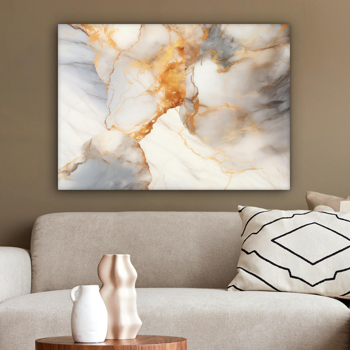 LEINWANDBILD Marmor - Grau - Gold Wandbilder 80x60 cm - Weiß, Textil (80/60cm) - MuchoWow