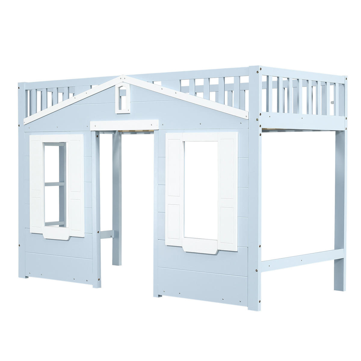 HOCHBETT 90/200 cm in Weiß & Blau mit Fenstergestaltung und flexibel montierbarer Treppe - Blau, Holz/Holzwerkstoff (90/200cm) - CHICFURN