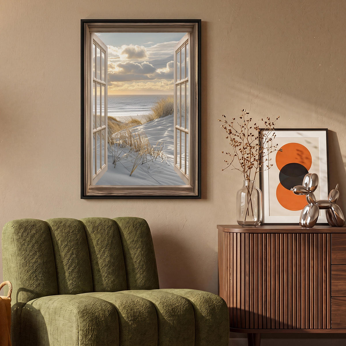 LEINWAND Bilder mit Rahmen - Ausblick - Strand - Dünen - Meer - Natur - 60x90 - Sandfarben, Textil (60/90cm) - MuchoWow